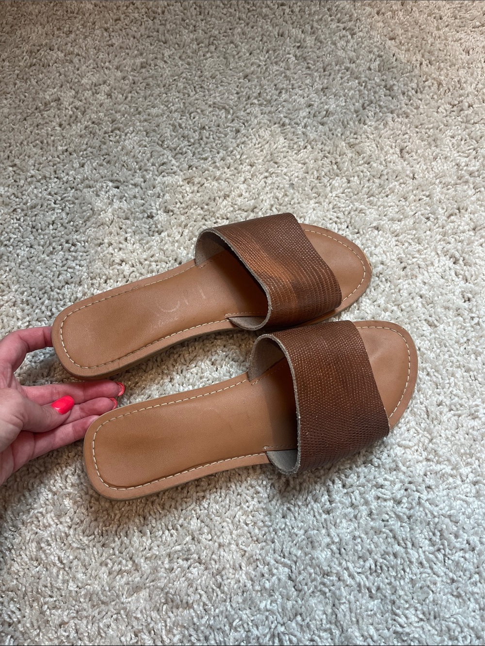 Women’s Tan Slide Sandals with Textured Strap